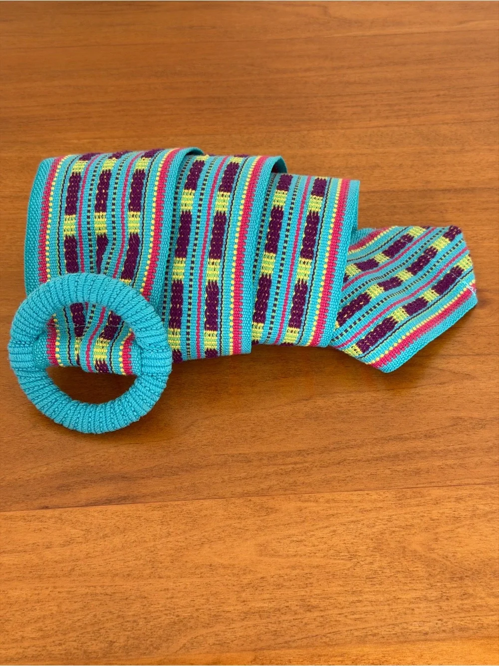 Boho Turquoise Multicolor Woven Wide Waist Belt with Covered Round Buckle ~ S